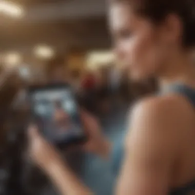 User Interaction with Fitness Technology A close-up of a user engaging with a fitness app on a tablet.