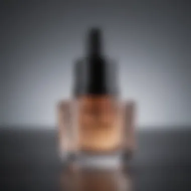 Close-up of a hydrating serum bottle with glistening drops.