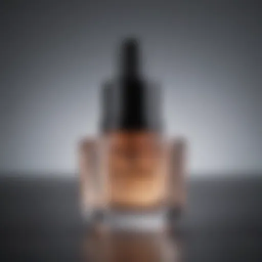 Close-up of a hydrating serum bottle with glistening drops.