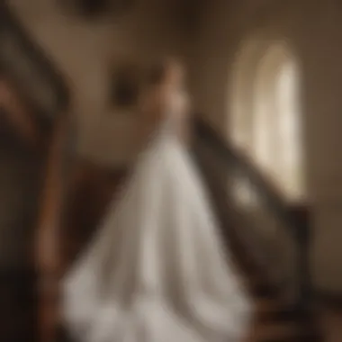 Classic A-line bridal dress showcased on a vintage staircase.