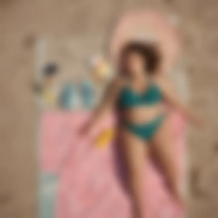 Diverse styles of plus size swimsuits laid out on a beach towel