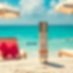 Luxurious sunscreen bottle against a serene beach background