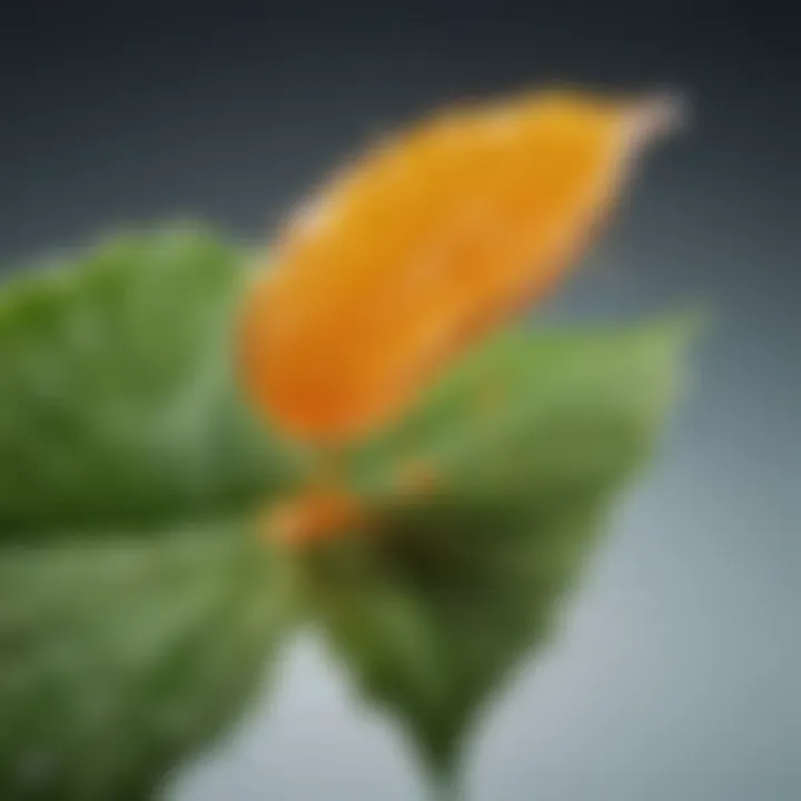 A close-up of vitamin C serum dripping onto a leaf