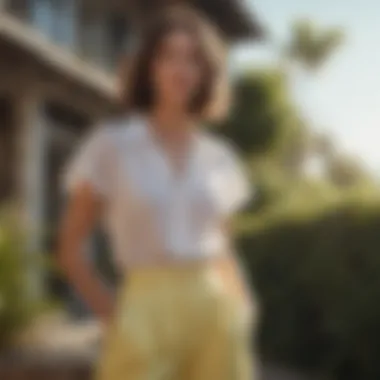 A stylish woman showcasing a summer outfit in a sunlit outdoor setting