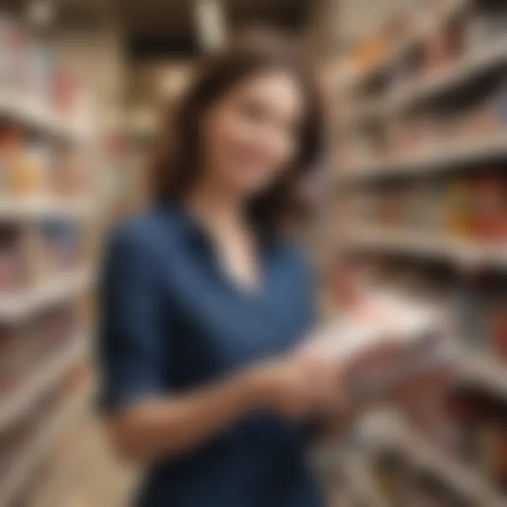 A parent happily shopping with a stack of coupons in hand