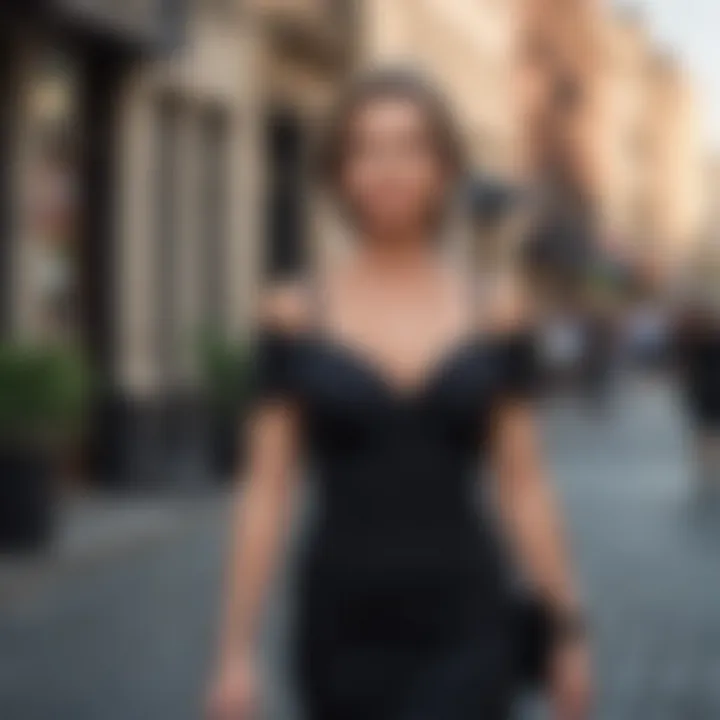 Elegant mature woman in stylish black dress walking down a city street