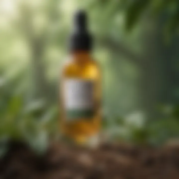 A close-up view of a serum bottle surrounded by fresh botanical ingredients.