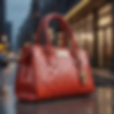 A stylish designer bag paired with high-fashion attire on a city street.