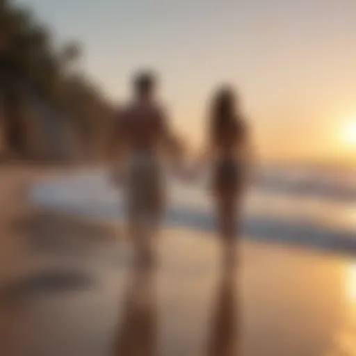 Couples Walking Along Secluded Beach at Sunset