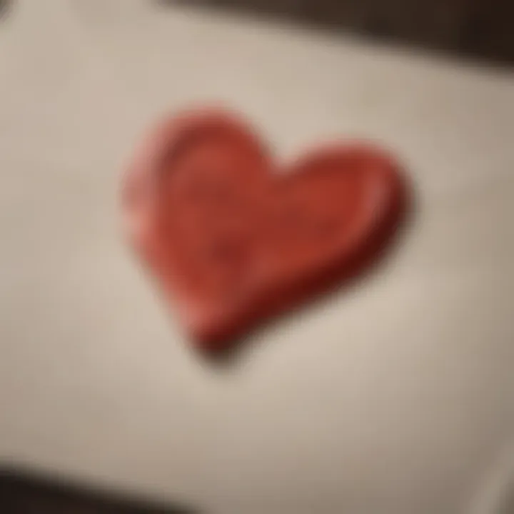 A close-up of a heart-shaped wax seal on an elegant envelope