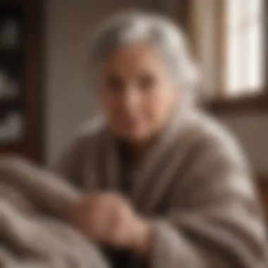 Stylish elderly woman admiring a cozy knitted blanket