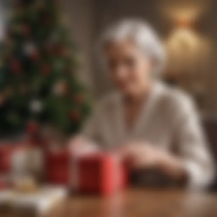 Elegant elderly woman opening a gift box