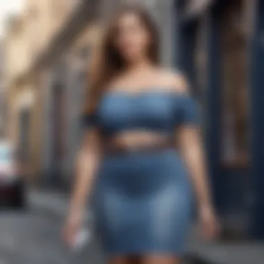 Casual Charm Stylish Curvy Woman in Off-Shoulder Top and Denim Skirt