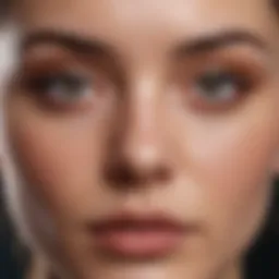 Close-up of a serene face with visible dark circles under the eyes.