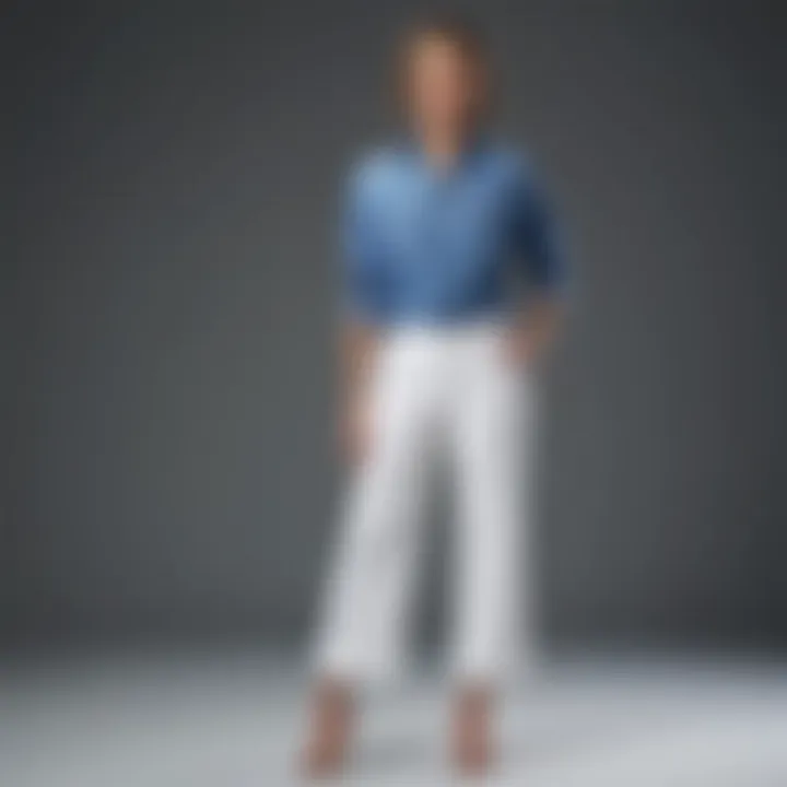 Denim shirt styled with white wide-leg trousers for a fresh and modern ensemble