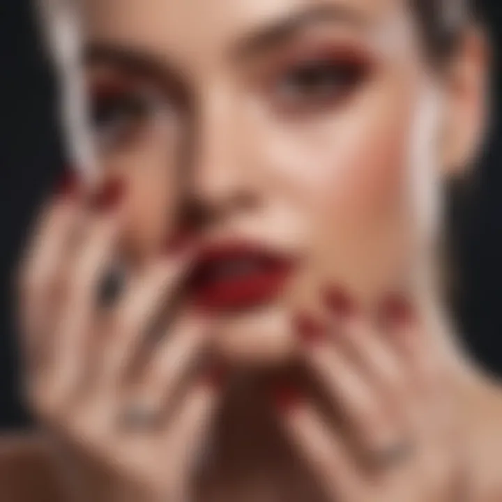 Fashion model showcasing dark red nails with elegant attire