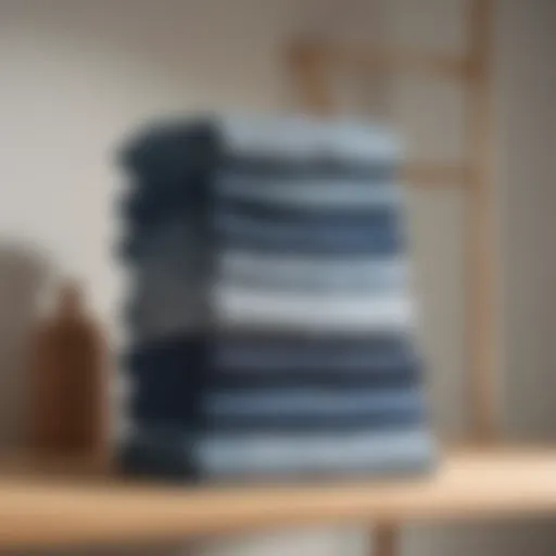 Everlane light wash jeans folded neatly on a wooden shelf