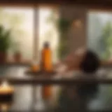 A serene spa setting featuring vitamin E oil bottles and natural elements.