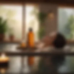 A serene spa setting featuring vitamin E oil bottles and natural elements.