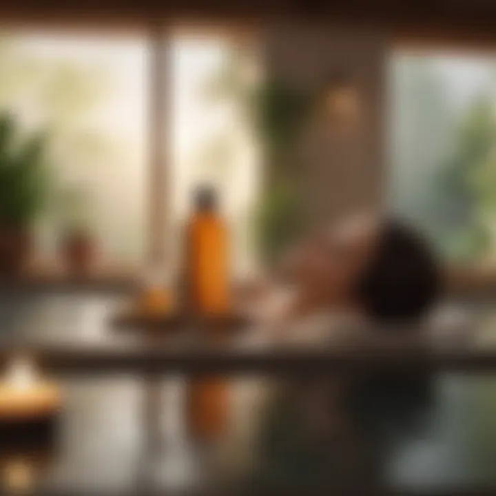 A serene spa setting featuring vitamin E oil bottles and natural elements.