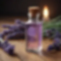 Aromatic Lavender essential oil bottle on wooden table