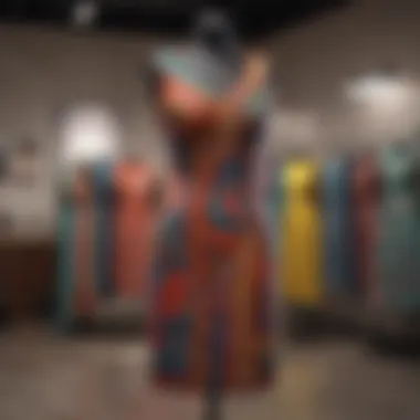 Vibrant funky dress with bold patterns displayed elegantly on a mannequin