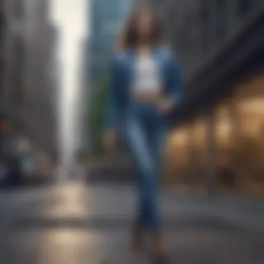 Woman confidently striding in high-rise jeans