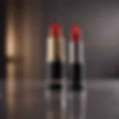 Lancôme Red Haute Lipstick alongside iconic beauty products