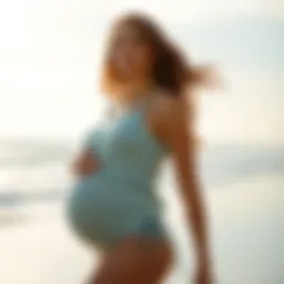 Stylish maternity swimsuit on a model by the beach
