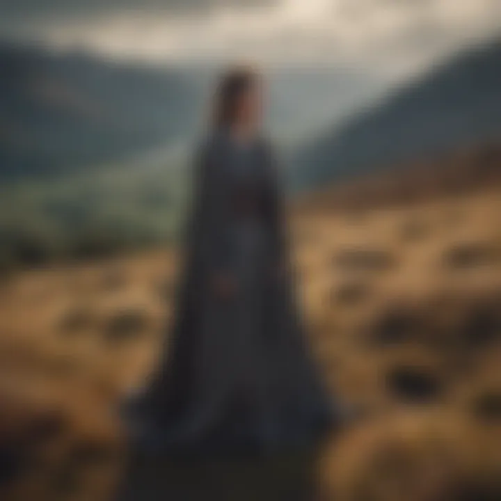 Mysterious figure in a cloak overlooking a vast landscape