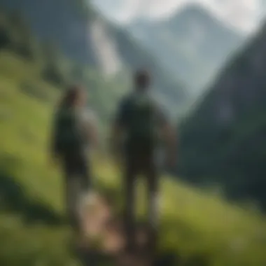 Couple hiking in lush green mountains