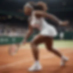 Serena Williams in action on the court wearing her signature tennis shoes