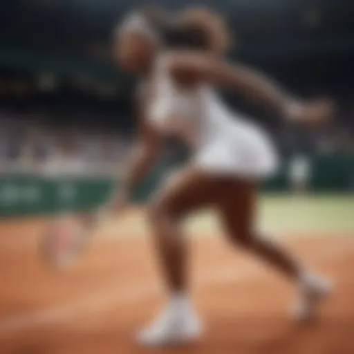 Serena Williams in action on the court wearing her signature tennis shoes