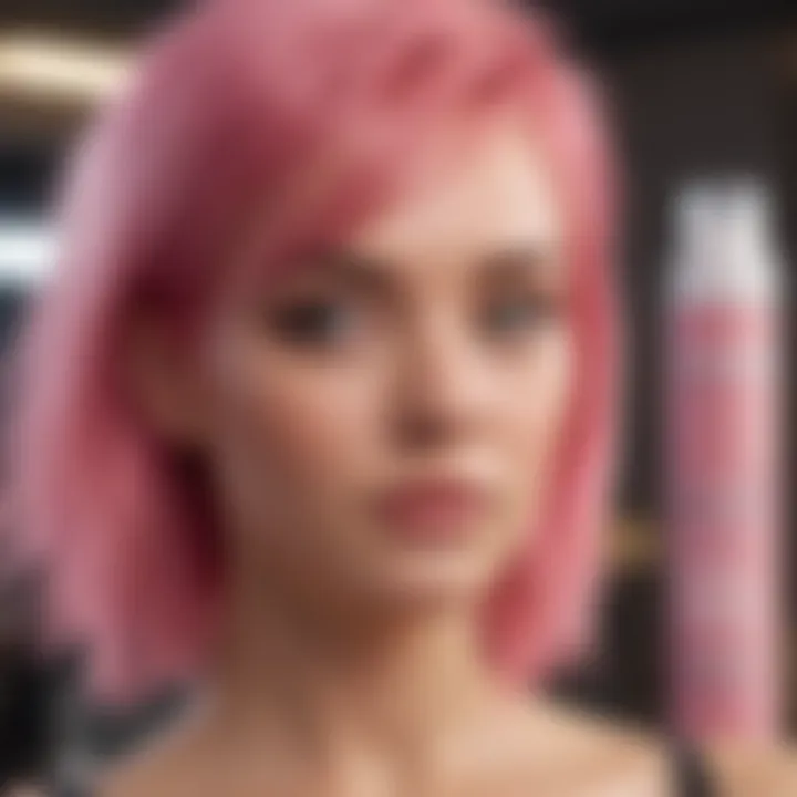 Aftercare products displayed next to a vibrant pink hairstyle, emphasizing maintenance