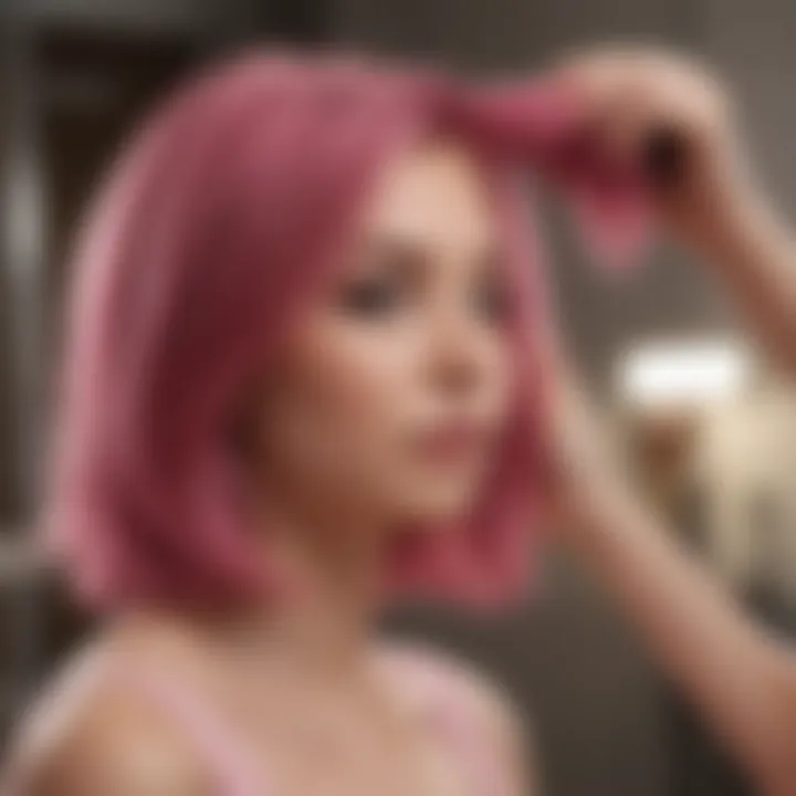 A person applying pink hair dye to brown hair using precise techniques for even coverage