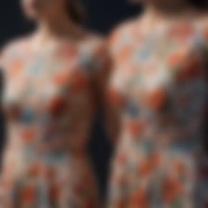 Close-up of intricate floral patterns on coordinating summer dresses.