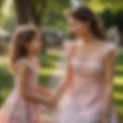 A mother and daughter sharing a joyful moment in matching summer dresses at a park.