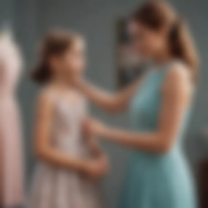 A mother helping her daughter adjust her dress, showcasing a moment of care and love.