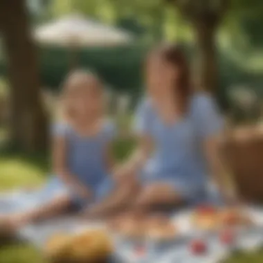 A stylish outdoor picnic setting with a mother and daughter dressed in complementary summer outfits.