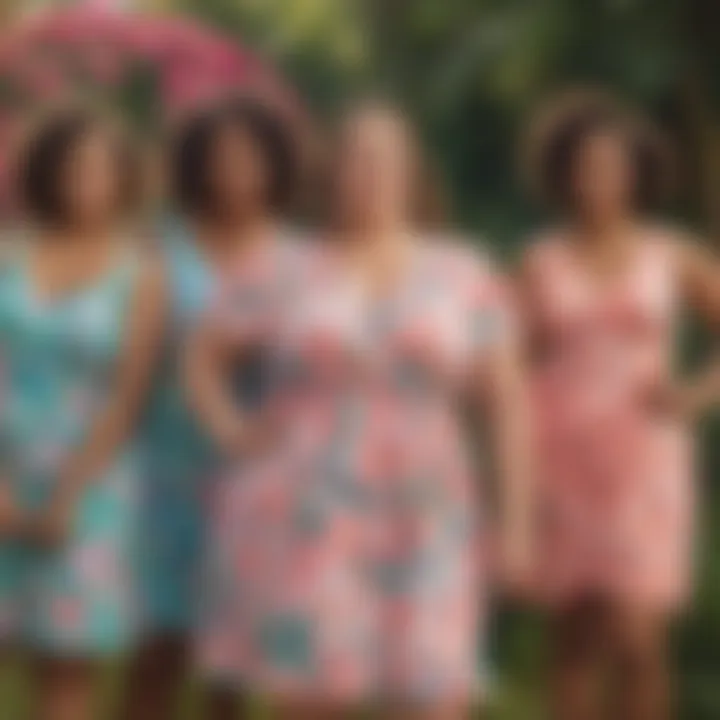 A diverse group of individuals showcasing Lilly Pulitzer's plus-size collection in a natural setting