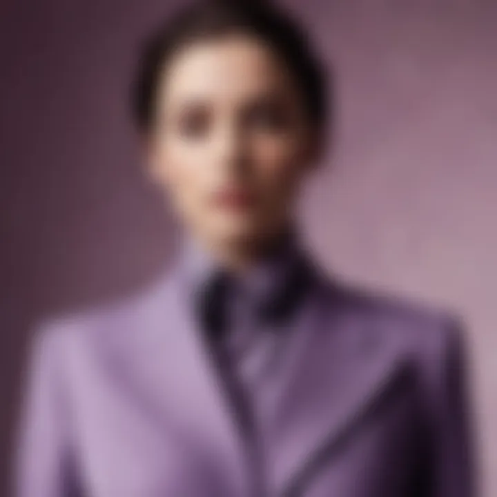 A stunning fashion ensemble highlighted by violet grey textures and fabrics, set against a chic backdrop.