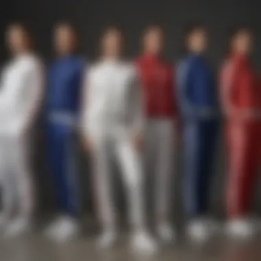 Variety of Adidas track pants and jackets displayed in stylish context