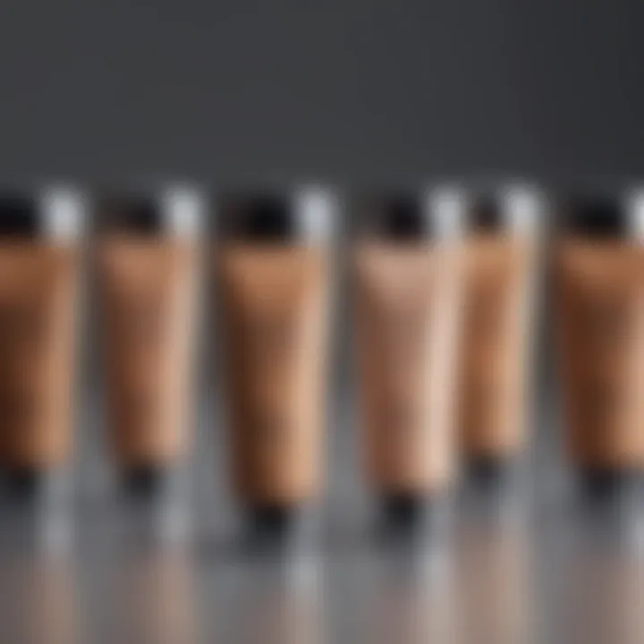 Variety of foundation shades displayed on a vanity