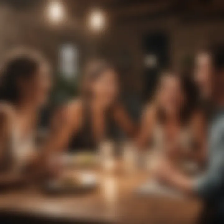 Group of friends laughing around a table