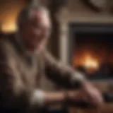 Elderly man with a vintage watch sitting by a fireplace