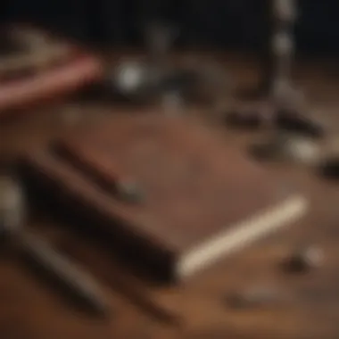 Historical Treasures Old leather-bound journal with a quill pen and aged photographs