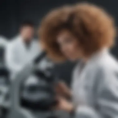 Scientist examining curly hair under a microscope