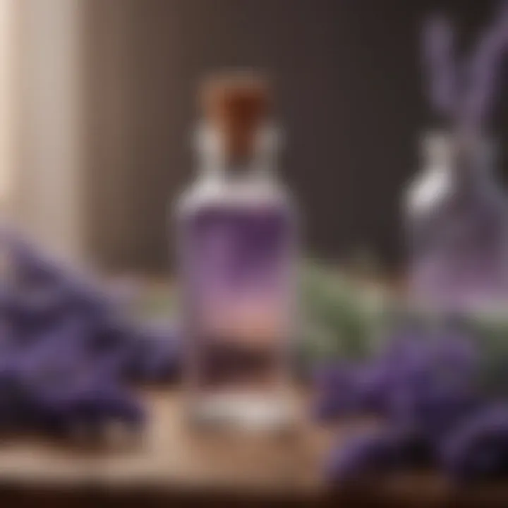 Lavender essential oil bottle with lavender flowers in soft focus