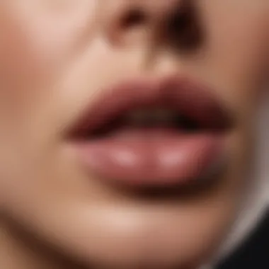 Detailed close-up of a lip contouring tattoo technique