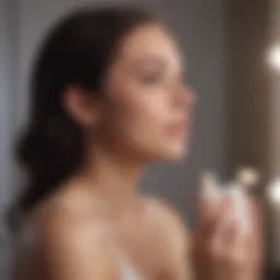 A serene pregnant woman examining her skincare products